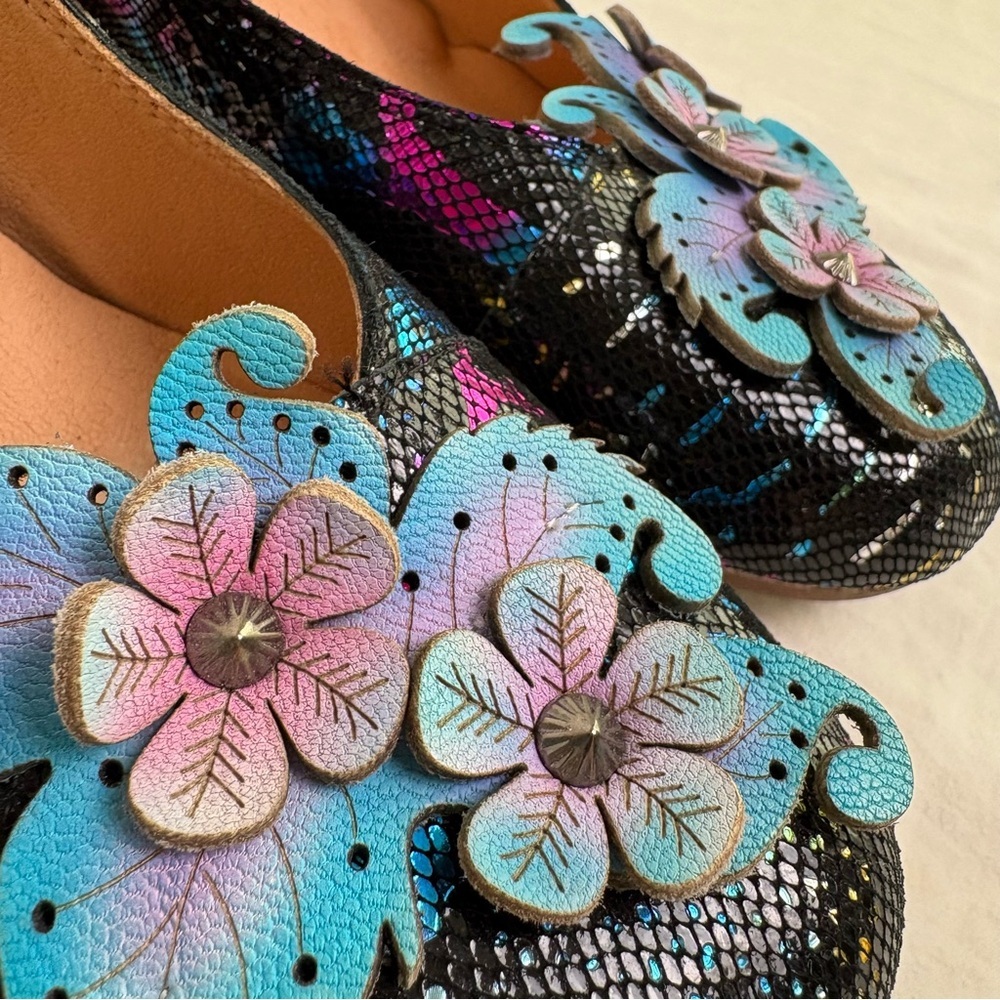 SOCOFY Leather Metallic Floral Applique Snakeskin Pump Heels Artsy 41 (10-10.5) - Picture 9 of 16